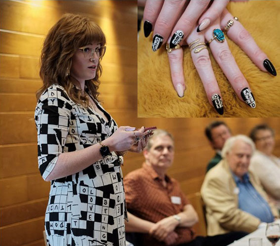 Caitlin, with wonderfully apposite dress...and nails